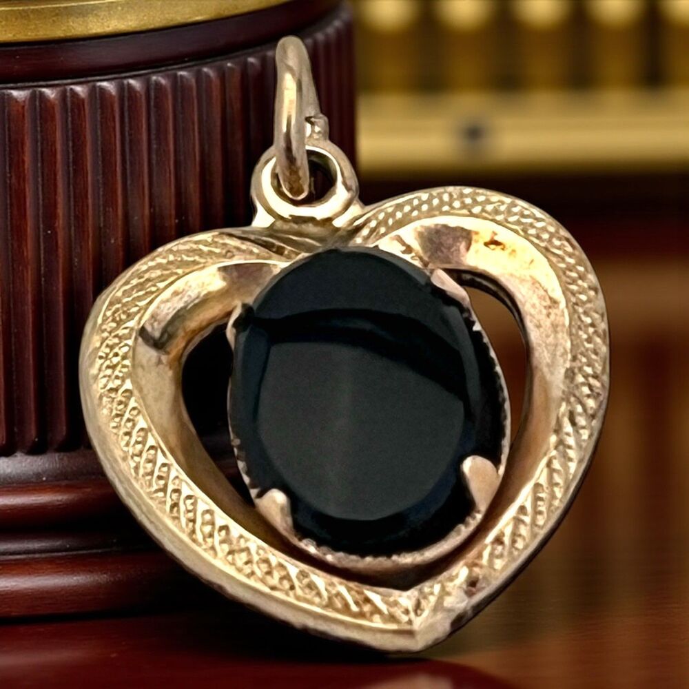 Vintage 1950s Black Onyx Heart Pendant Gold Tone Textured Mid Century - 7S